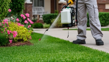 害虫の駆除のため芝生に薬品をまくスタッフ