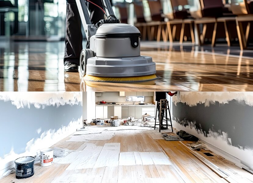 フローリング床を清掃するようすと、壁面塗装をしているスタッフの組写真