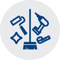 モップやドリル、メジャーなど清掃や工事に使用する道具の集まったイラスト