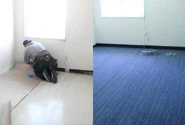 オフィスの床面をタイルからカーペットに張り替えるようす