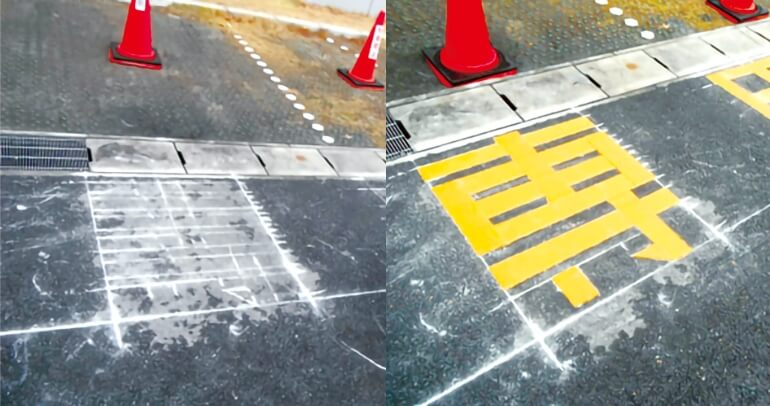 駐車場のライン工事のようす