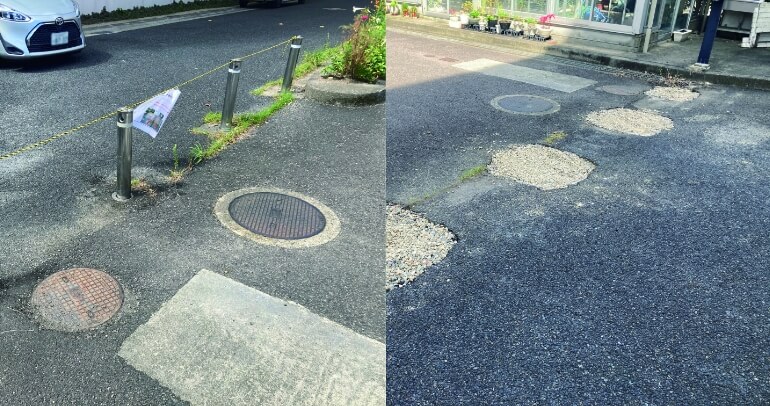 駐車場の一部に砂利をつめる前と後のようす