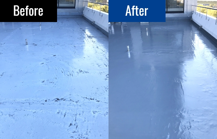 防水工事行う前のひび割れた屋上と、防水工事行いきれいになった屋上