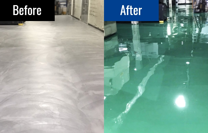 床面塗装を行う前の通常の床と、床面塗装後の光沢感のある床の比較