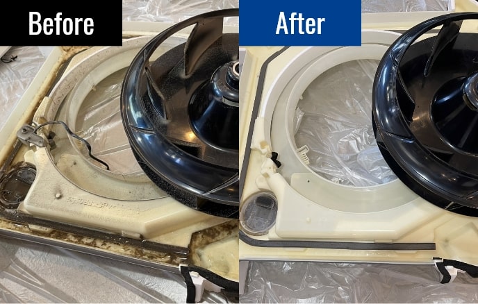 清掃前の油がついた換気扇と、スポット清掃後のきれいになった換気扇の比較